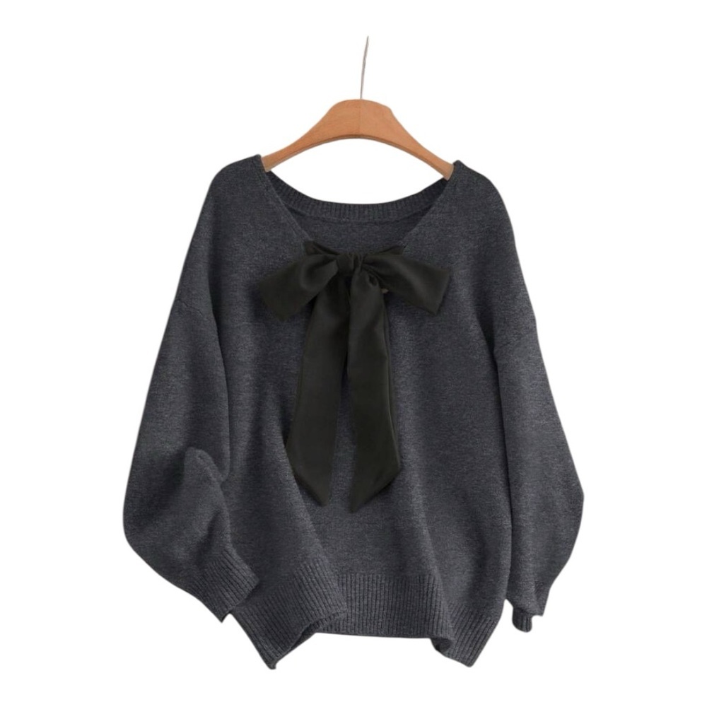 Stylish sweater woman’s casual loose shoulder with Bowknot